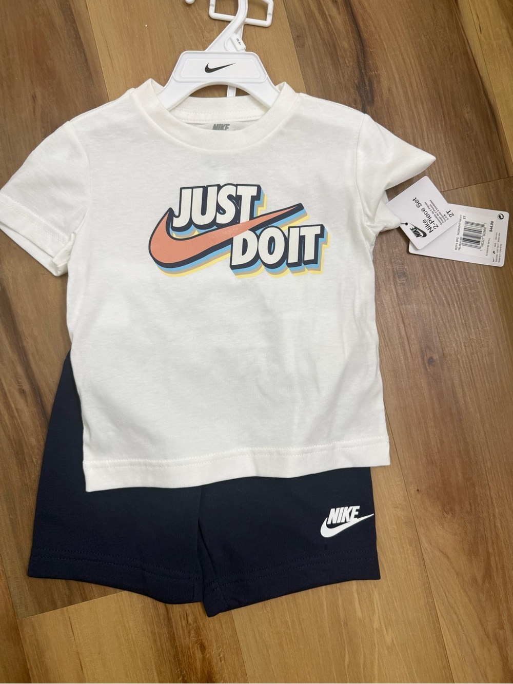 Nike White 'Just Do It' Tee with Navy Shorts